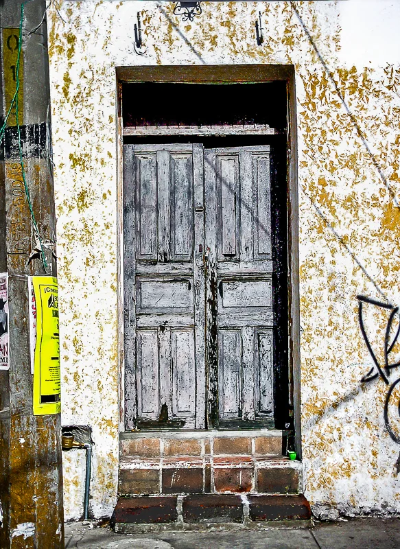 Grey Door, Paint Chipped Wall, Puebla, Mexico