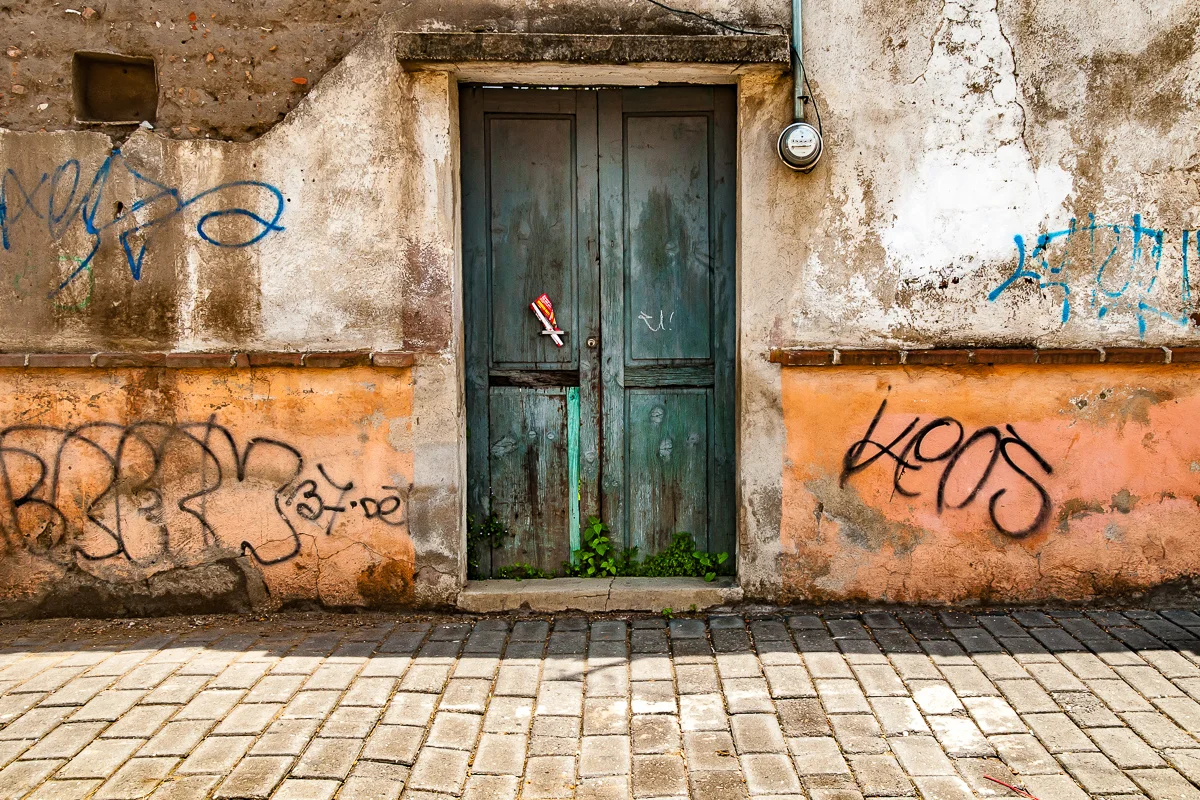 Teal Door, Graffiti on Wall, Cholula