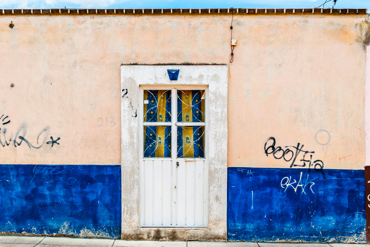 Blue and Yellow Curtain Behind Door, Mexico