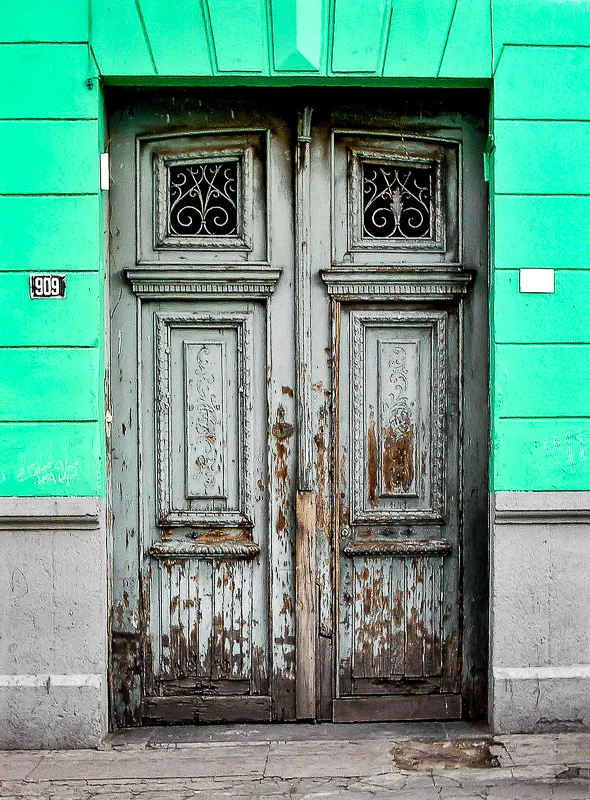 Worn Grey Door, Green Wall, Puebla, Mexico