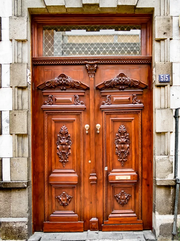 Ornate Carved Door, Stone Wall, Puebla, Mexico