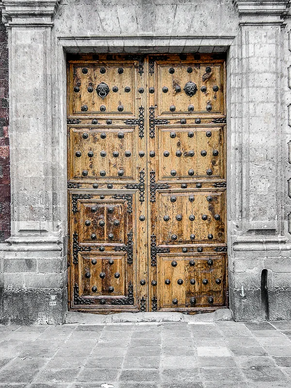Wood Door with Clavos, Stone Frame, Puebla, Mexico