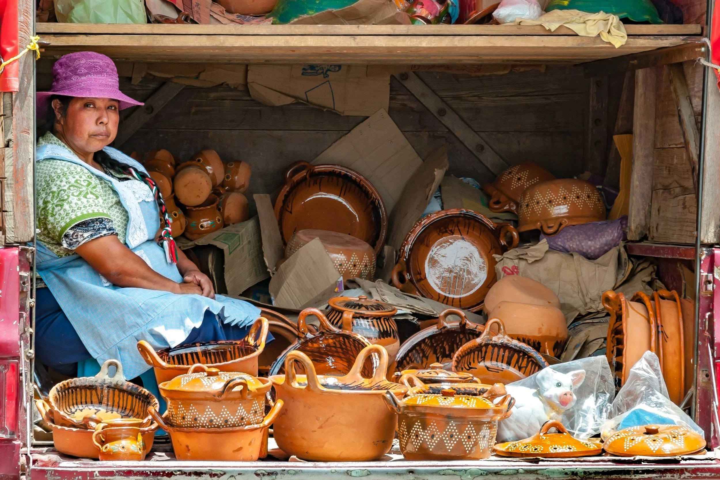 Woman in Van with Clay Pots, Cholula, Mexico