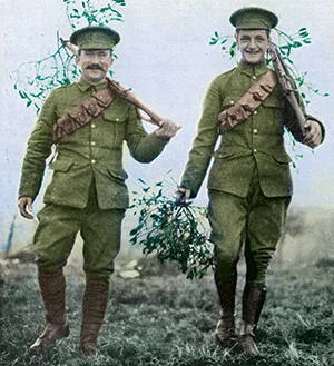 A Nottingham paper image of two soldiers carrying mistletoe on their rifles at Christmas 1914.