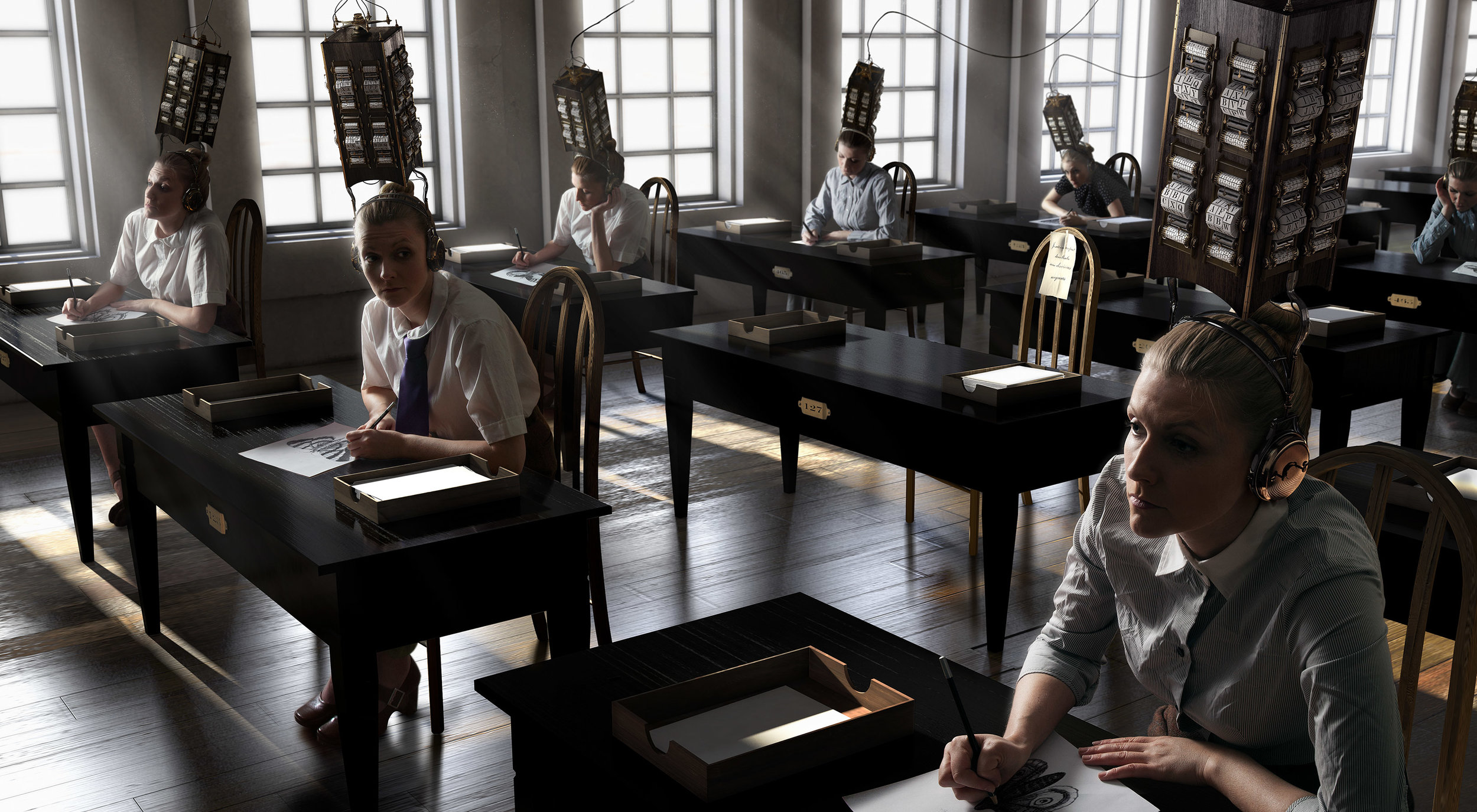 Jamie Baldridge, "Mockingbirds of the Comptometer," pigment print, 40 x 71"