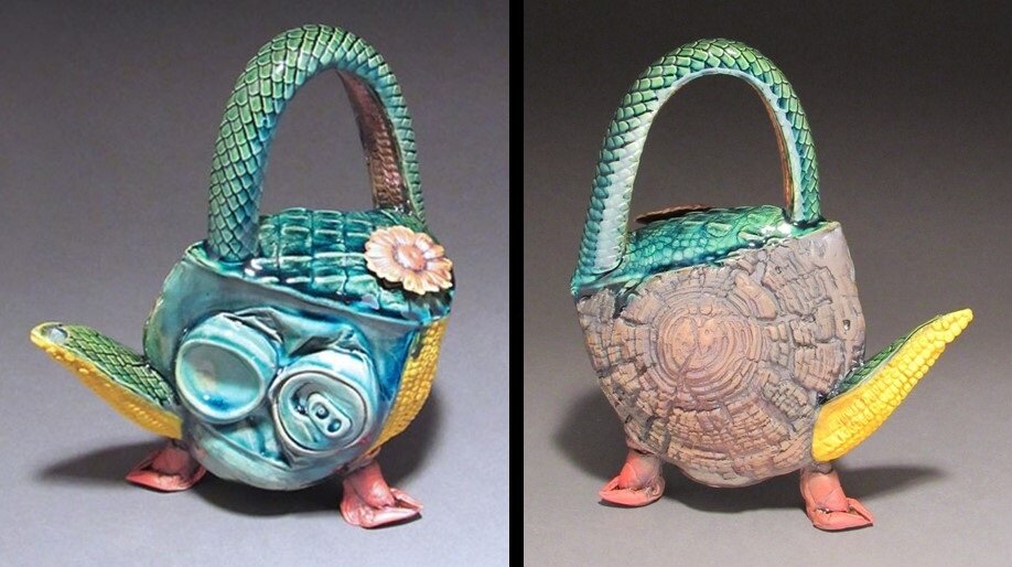 Recycle Teapot with Garfish, the end of an old stump, beer carn, alligator, flower, crawfish, corn etc.
