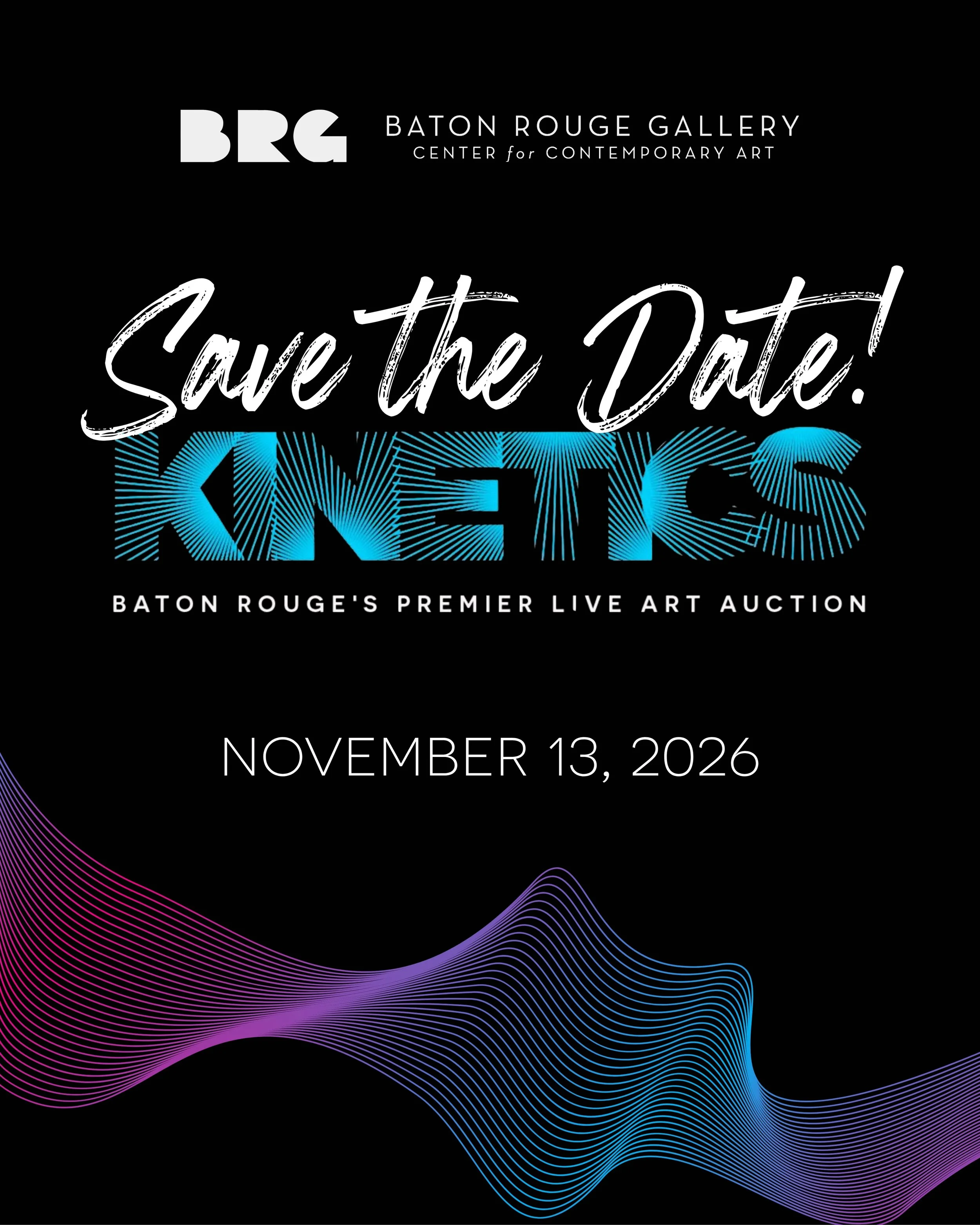 Baton Rouge Gallery's annual benefit event - KINETICS, returns to City Brooks Park on November 13, 2026 with its fun and fast-paced live art auction! 

The event celebrates the energy of contemporary art in Louisiana's capital city, providing a chanc