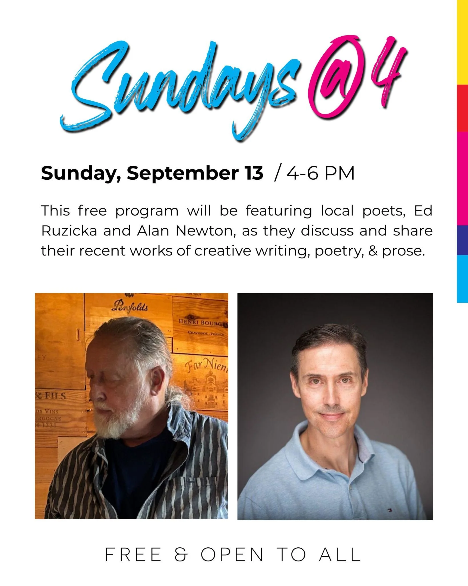 Hey poetry lovers, make sure to join us tomorrow, Sunday, September 13, at 4pm, for our FREE Sundays@4 program featuring local poets Ed Ruzicka and Alan Newton. They will be discussing and sharing pieces of their recentley published works of poetry.