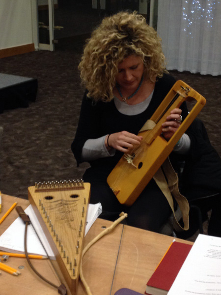 Llinos Daniel with crwth and bowed psaltery. Cosy r&d day.