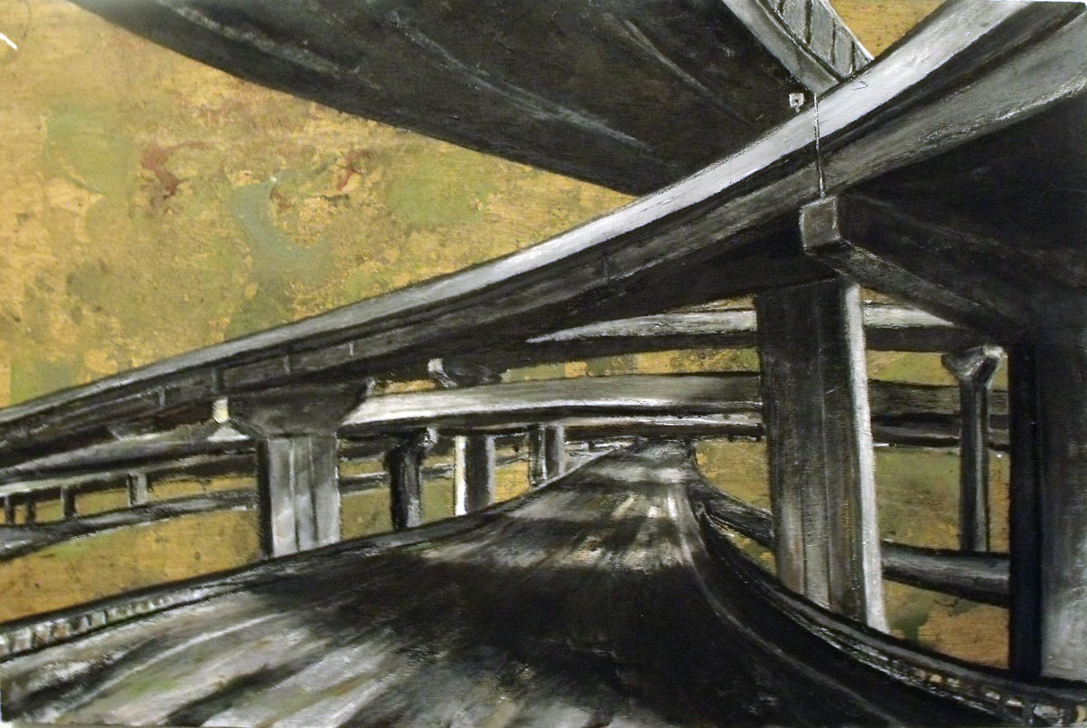 "Highway to Nowhere", mixed media on wood panel, 24" x 36"