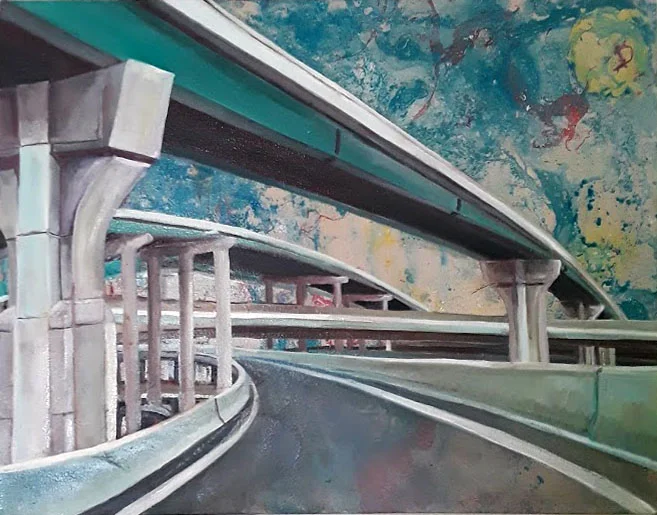 "Highway Driving", 28" x 22", oil and spray paint on canvas