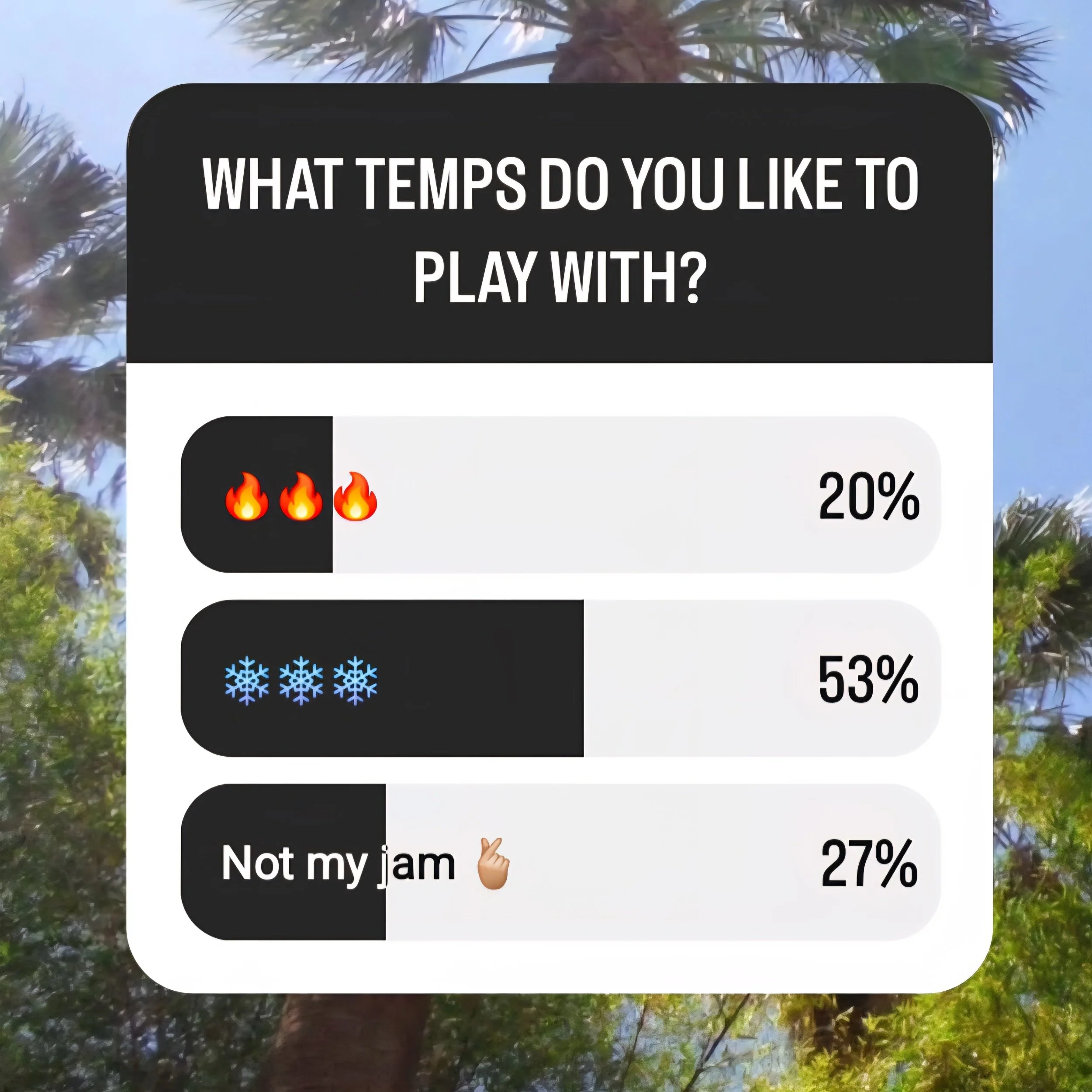 A several tropical trees with the sun in the background. A poll asks, "Regardless of the temp outside...what temps do you like to play with?" The three options and percentages are 3 fire emojis at 20%, 3 snowflake emotions at 53%, "not my jam" at 27%