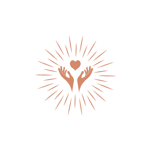 Illustration of two hands holding a heart, surrounded by radiating lines on a black background.