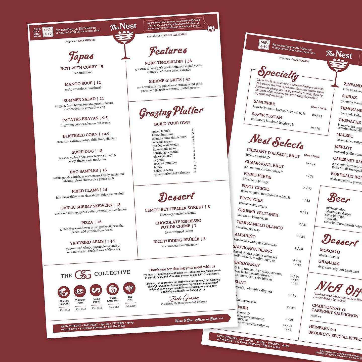 Menu design for @thenestssi. Opening next week in the village on #stsimonisland