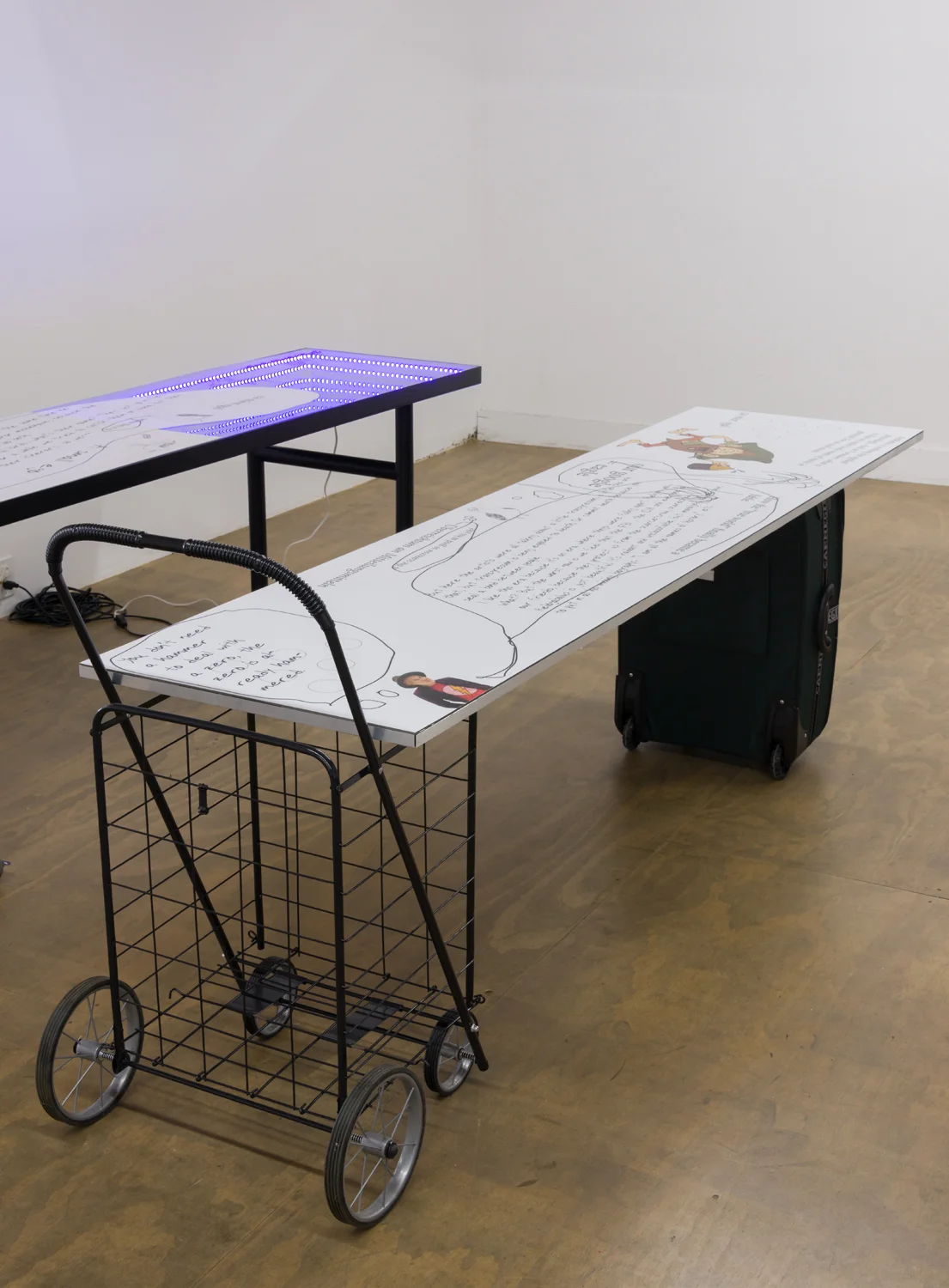 Sylvere Stream 2 Pong , 2017 Direct print on aluminum, extruded aluminum channel, cart, soft luggage 24 x 96 x 40.75 inches 61 x 243.8 x 103.5 cm