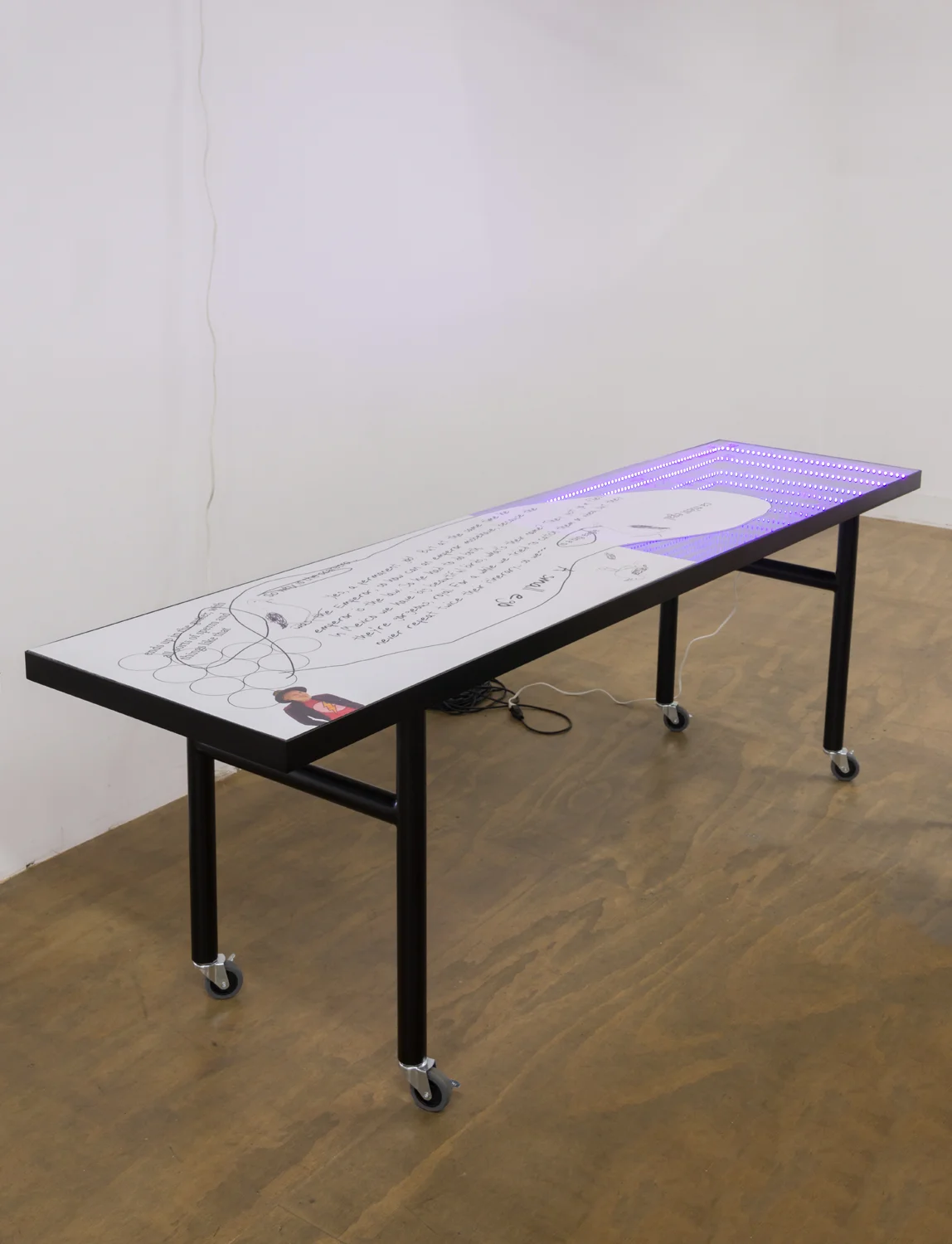 Sylvere Stream 3 Pong , 2017 SAV print, CNC engraving on 1/4" two-way mirror acrylic, 1/4" mirror acrylic, RGB LED light tape, power supply, powder-coated steel, casters 24.25 x 96.25 x 31.5 inches 61.6 x 244.5 x 80 cm