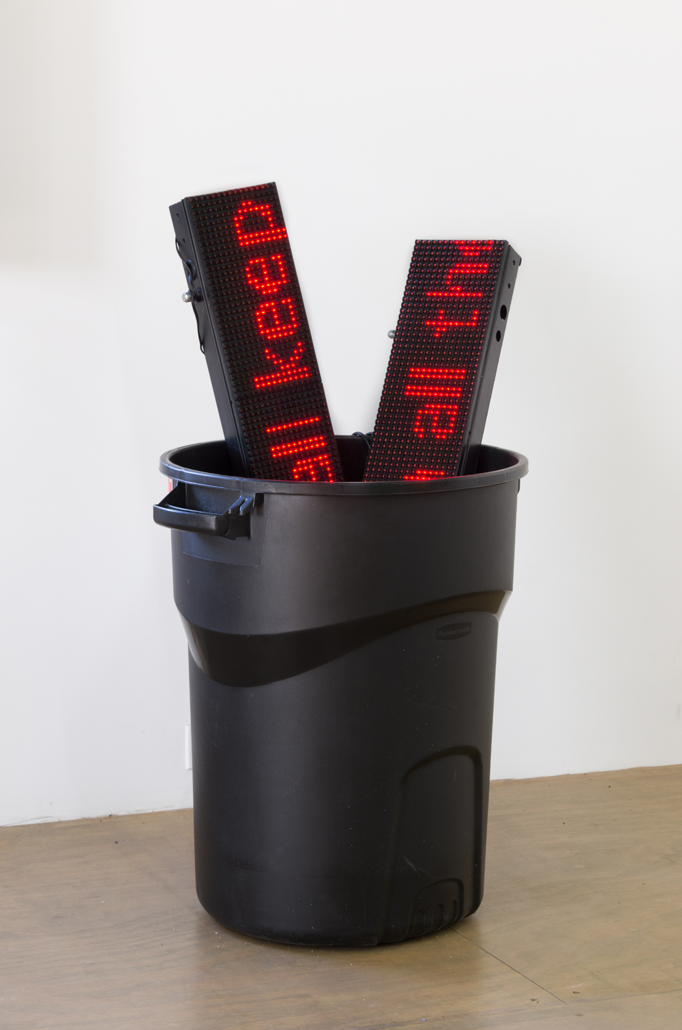    I love him who keeps back no drop of spirit for himself (Kanye Stream)  , 2017 Red LED banners, plastic trashcan, moving blanket 25 x 26 x 44 inches 63.5 x 66 x 111.8 cm 