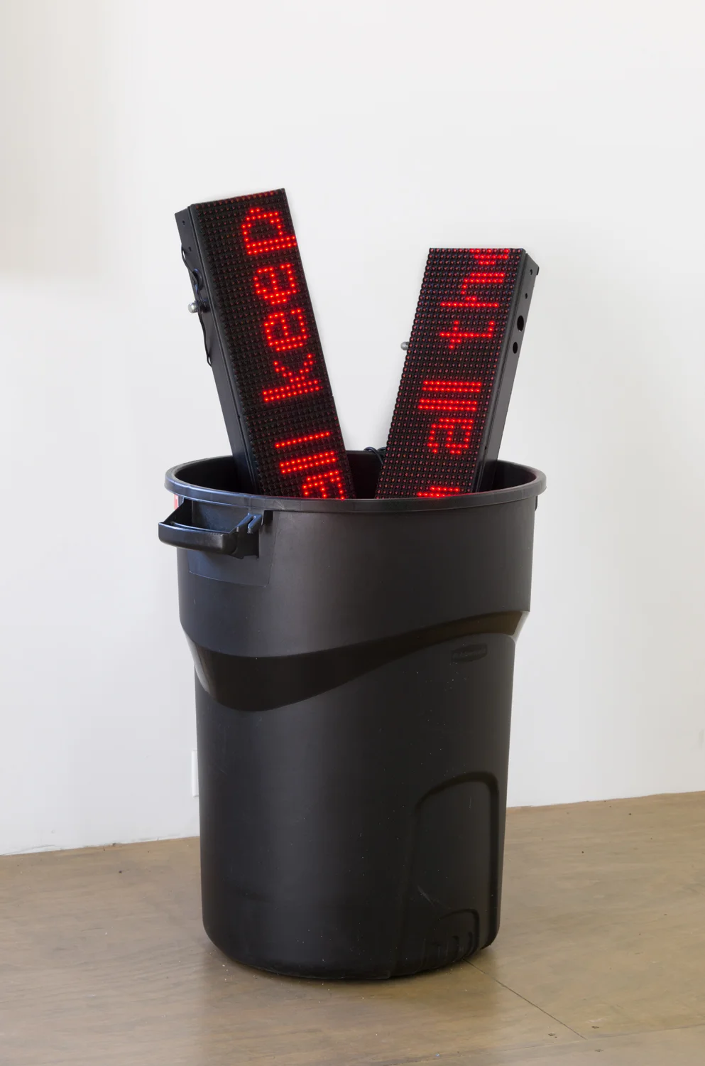 I love him who keeps back no drop of spirit for himself (Kanye Stream) , 2017 Red LED banners, plastic trashcan, moving blanket 25 x 26 x 44 inches 63.5 x 66 x 111.8 cm