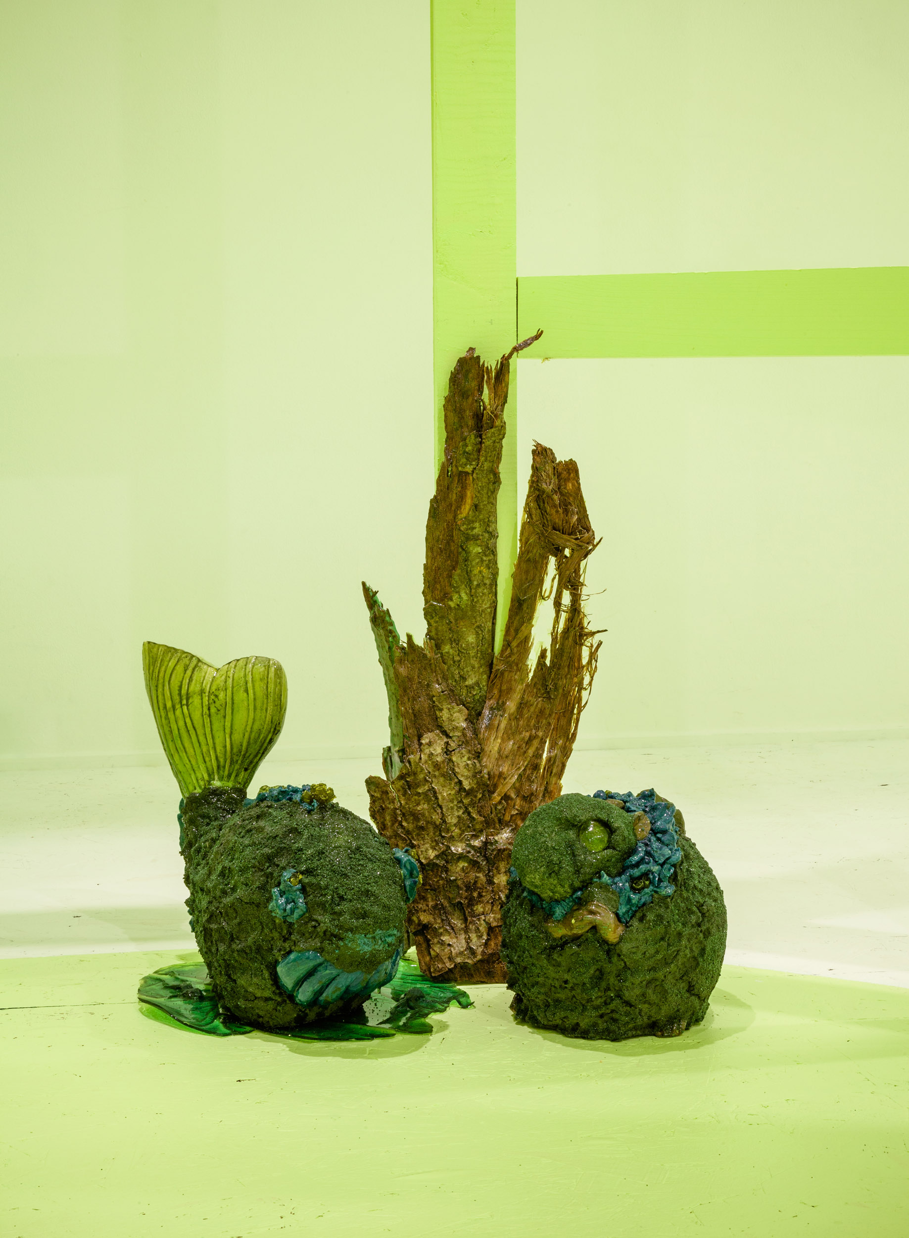 ‘——’, found objects, sand, paper mache, resin, epoxy-putty, bark,