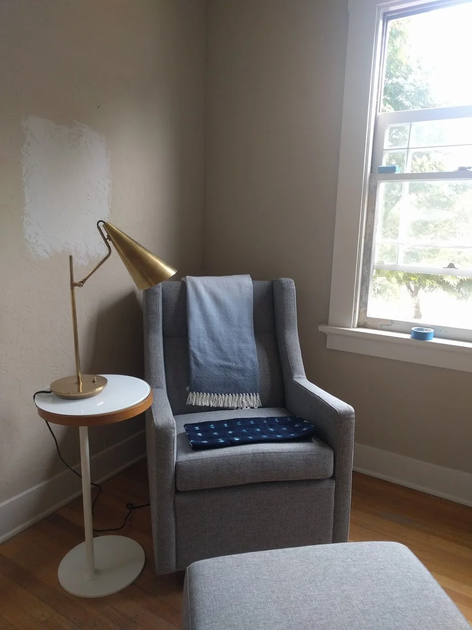 In progress: testing the wall color (the square on the left) with our furniture.