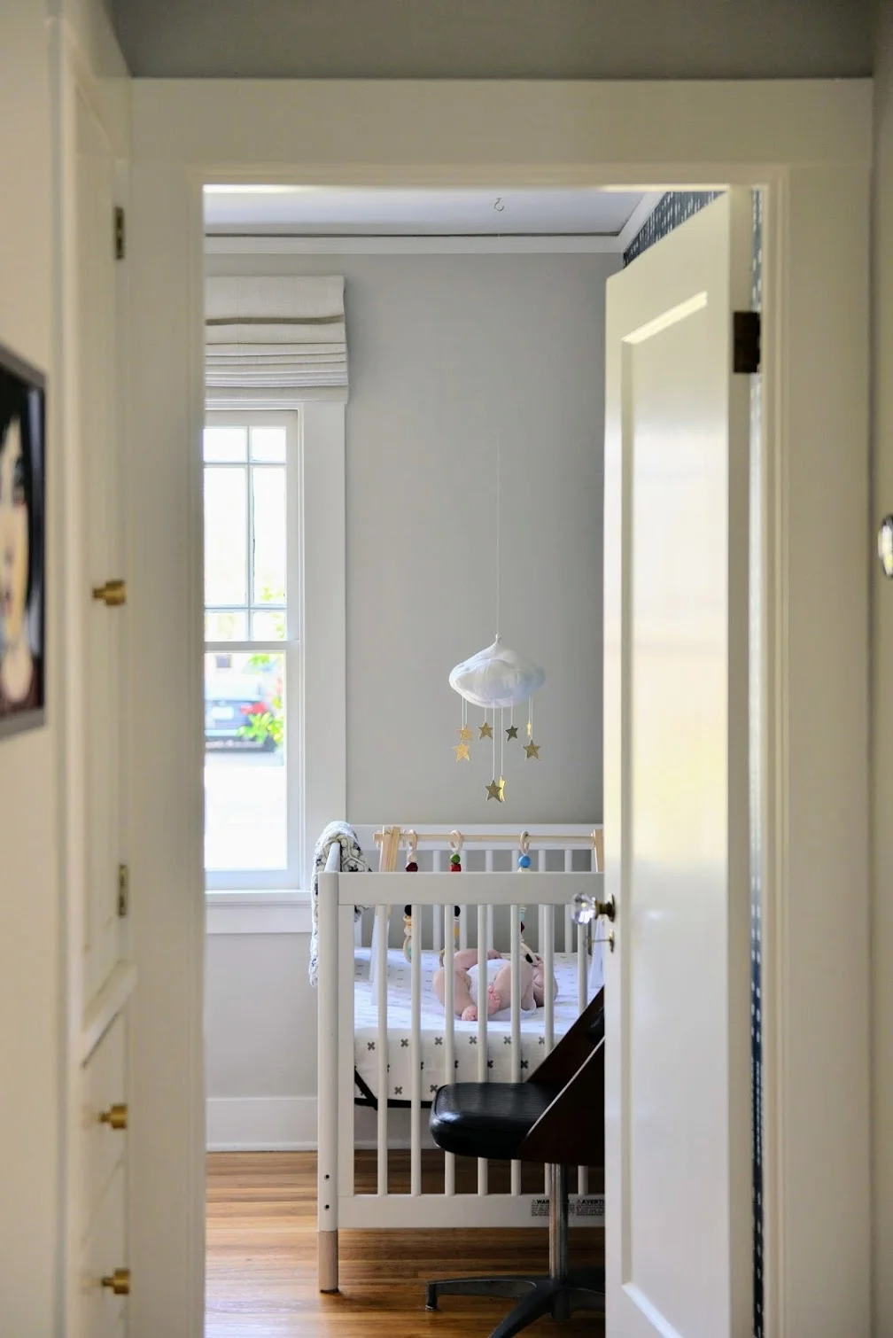 Our bedroom faces the crib through a short hallway, so we can see and hear him from our bed.
