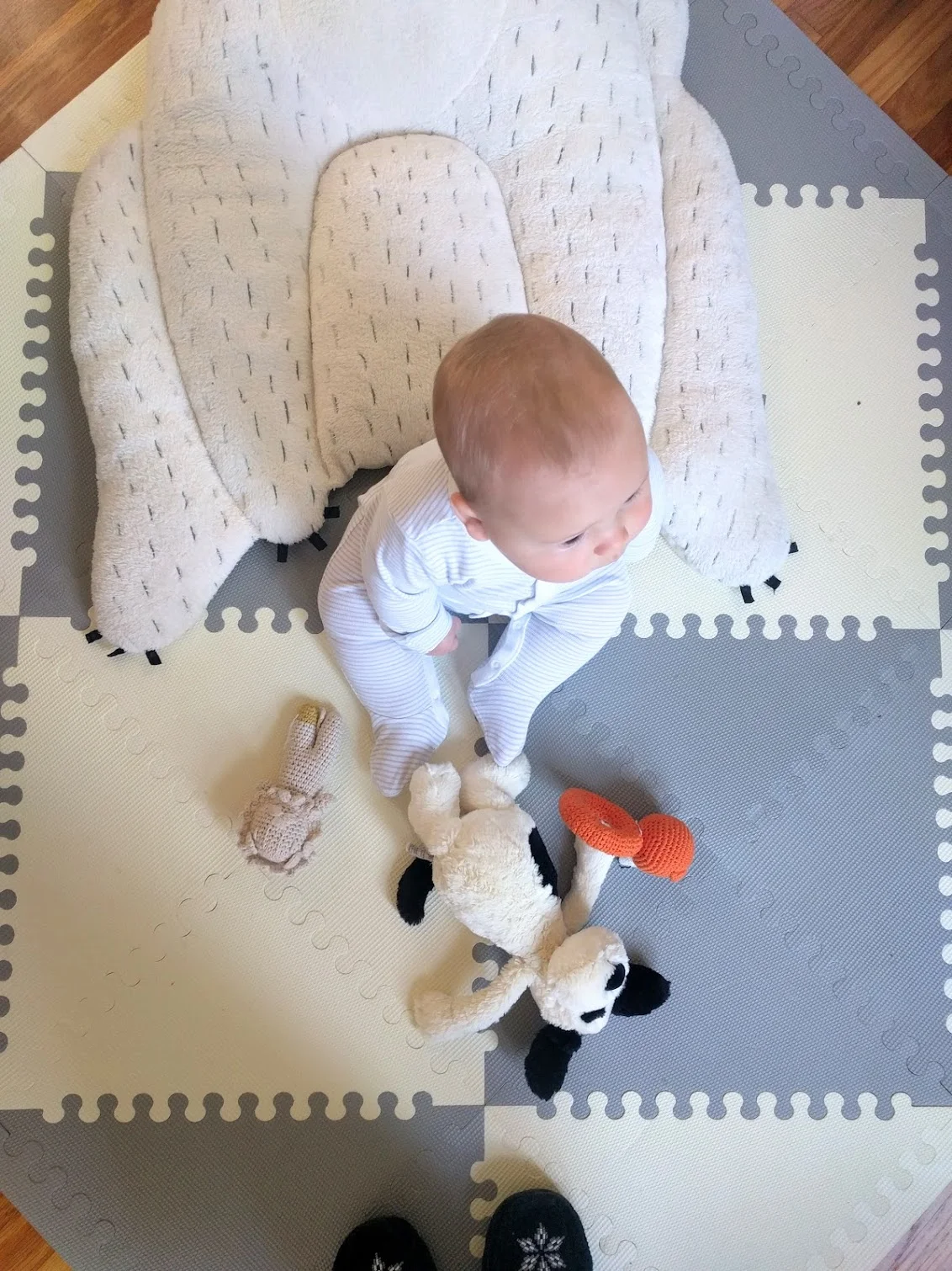 The gray and white plastic play mat -- good for drooling & falling on.