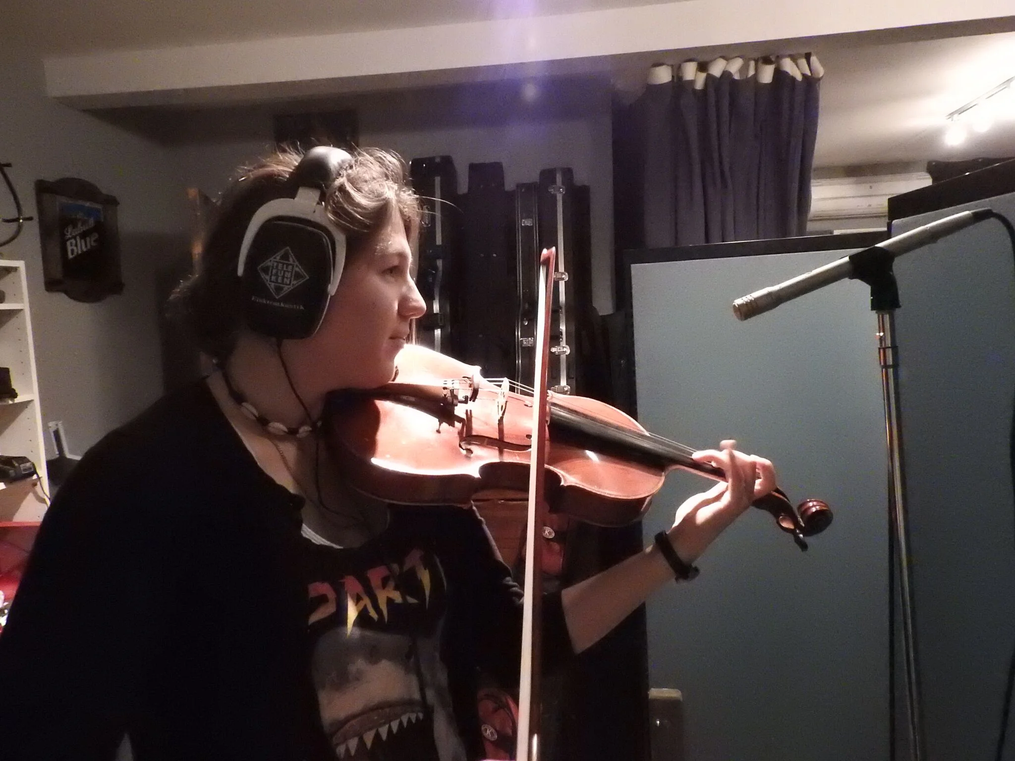 Emilie Catlett, recording with Cougar Roots at Paul Beebe's studio.