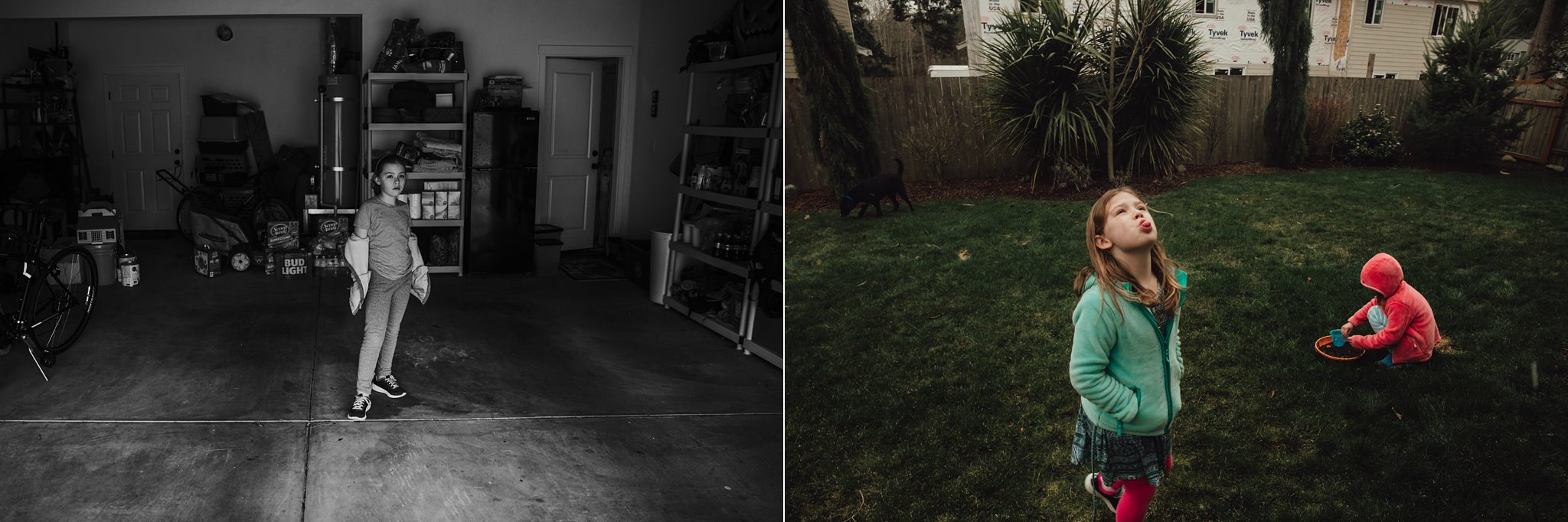 girls stand in garage and catch snow on tongues | Whidbey Island family photographer