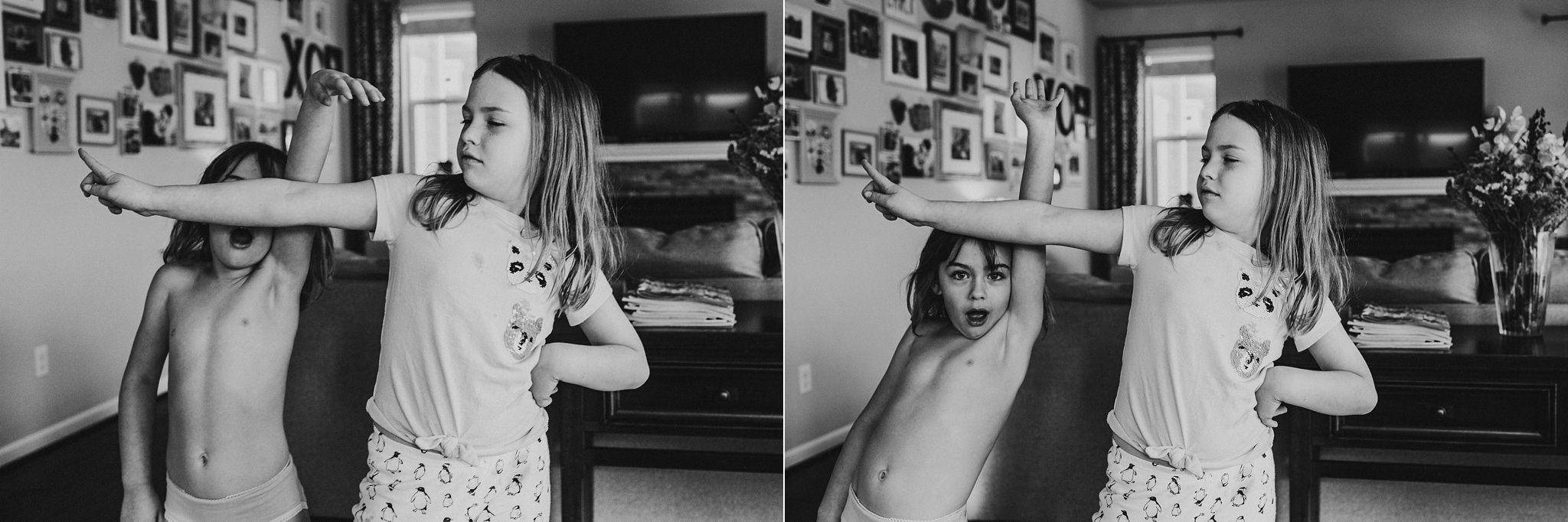 funny sisters dance in living room | Whidbey Island family photographer
