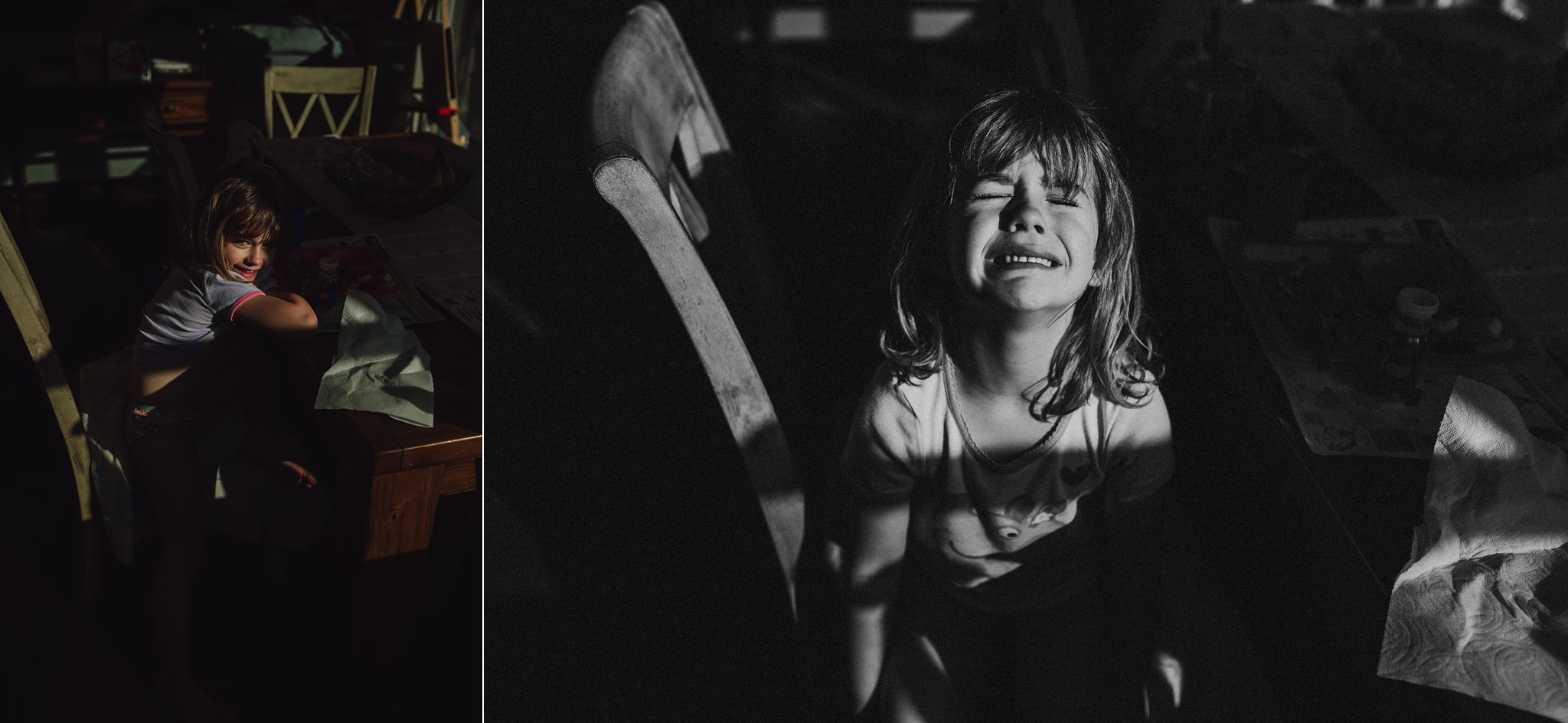 girl makes happy and sad faces in harsh window light | Whidbey Island family photographer