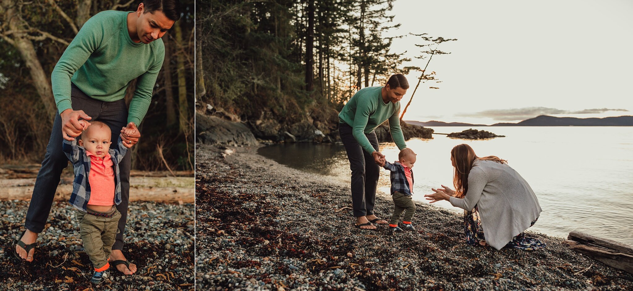 dad helps baby boy walk across beach to mother's arms