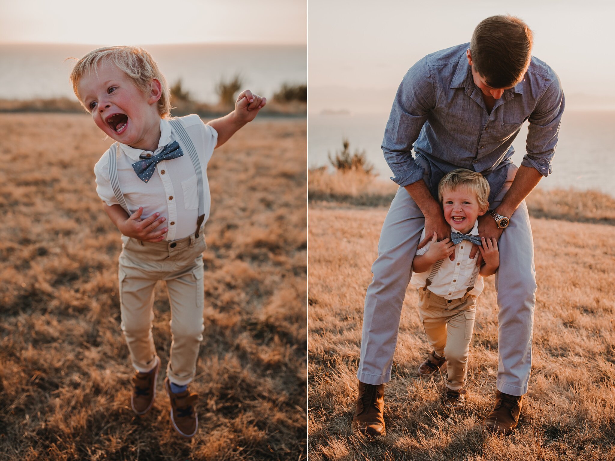 boy laughs as dad tries to climb his shoulders