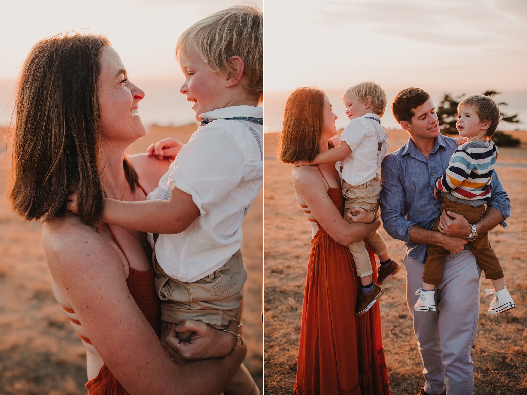 mom laughs and hugs son during family portraits