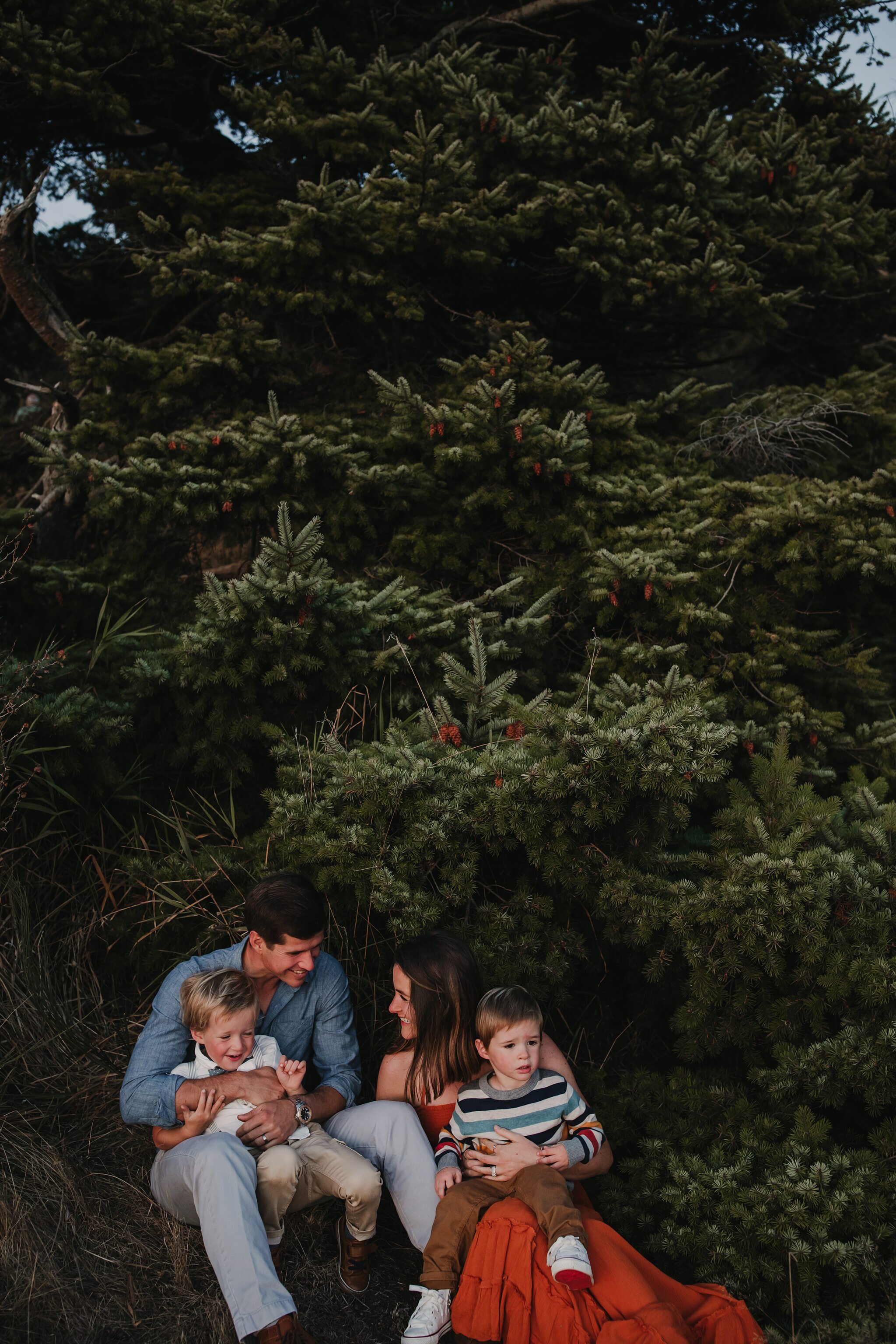 family snuggles under tree at fort ebey state park