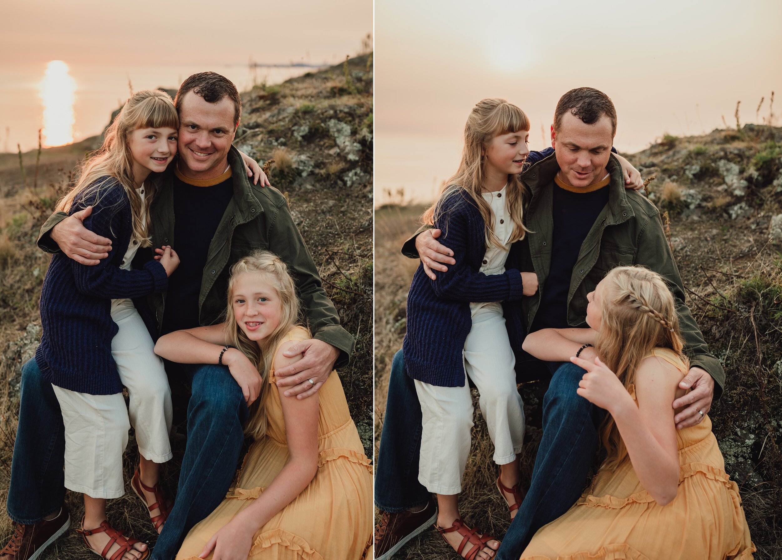 daughters hug dad during family session