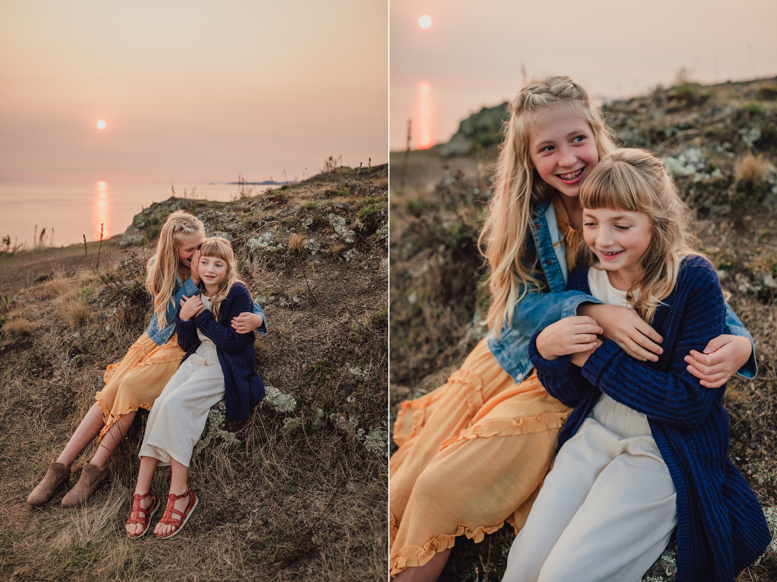 two sisters whisper and play telephone during family pictures