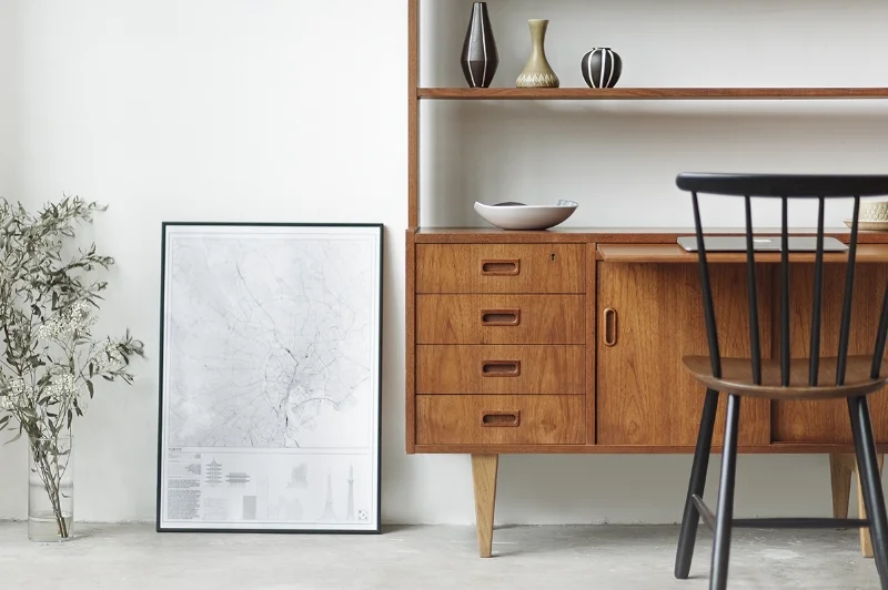 Vintage Swedish open bookshelf with pull out desk in teak & oak.