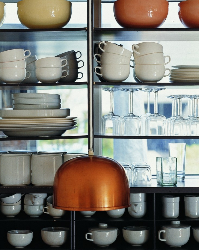 The pendant lamp designed by Meyer, was inspired by her ceramic bowl designs, turned upside down.