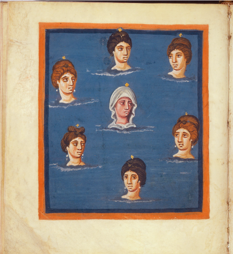 Le Pleiadi come fanciulle / The Pleiades as maidens Da / From : Aratus, Phaenomena, interprete Claudio Germanico Caesare, intermixtis versibus ex (...), Manoscritto, secolo IX / Manuscript, 8th century Credits: Universiteitsbibliotheek Leiden, Fol. 42v via Wikimedia Commons