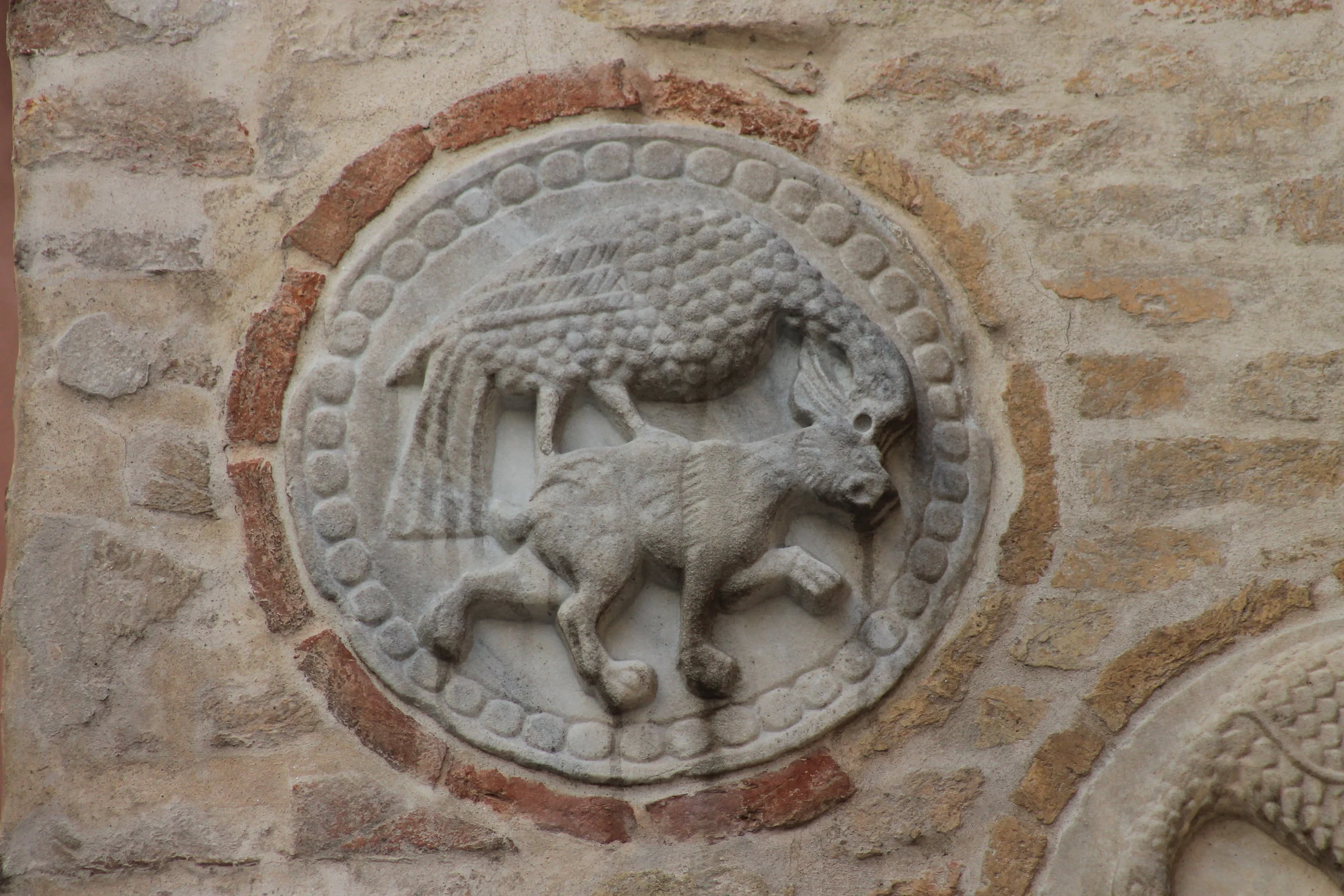Aquila che becca sul capo leporide sottostante in corsa . Altorilievo a modellato quasi piatto e molto aggettante e con bordo decorato a piccoli tondi. Diam cm. 35 ca. Marmo greco. XII secolo. Chiesa di Santa Maria del Carmelo, fianco destro del protiro.
