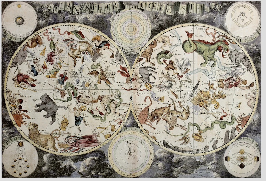 Grus e Piscis Notius / Grus and Piscis Notius Frederick De Wit, Planisphærium cœleste , Amsterdam 1680, particolare / detail Stampa colorata a mano/ Hand-coloured etching Credits: Antonio Abrignani / Shutterstock