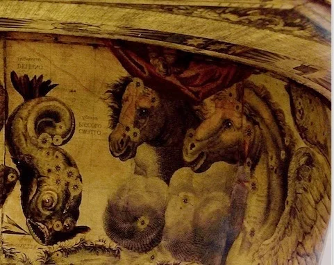 The two celestial Horses and the constellation Delphinus, the Dolphin.