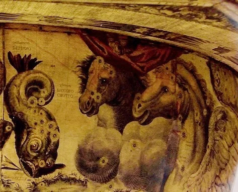 Pegasus, Equuleus, and Delphinus. Detail (capsized) from Francesco Coronelli, Celestial globe . Edition Paris 1803, from the original plates of 1693. Venice, Museo Storico Navale, Inv. N° 5935. Gift of Licio Salvagno, Former Collection Beistegui Photo: Chiara Enzo and Marta Naturale, 2016