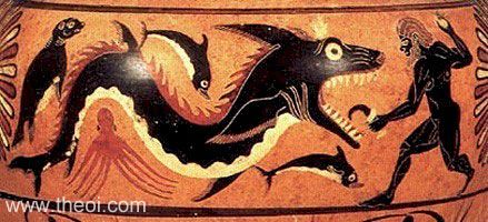 Perseus, Ketos the sea monster, and other marine creatures: dolphins, an octopus, and a seal. Apulian red-figure amphora, 4th B.C. Malibu, The J. Paul Getty Museum