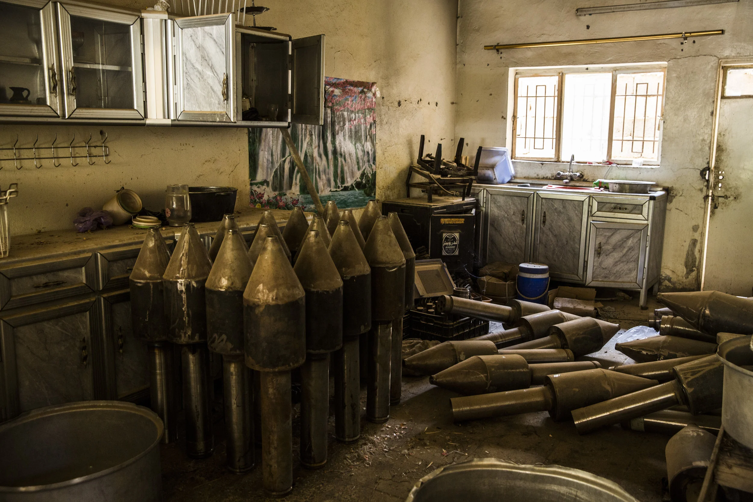 6/24/2016 Fallujah, Iraq  Large diameter standardized mortars could be seen in an ISIS arms workshop that was captured by advancing Iraqi Special Operations Forces, near the al-Jolan district of Fallujah, Friday. 