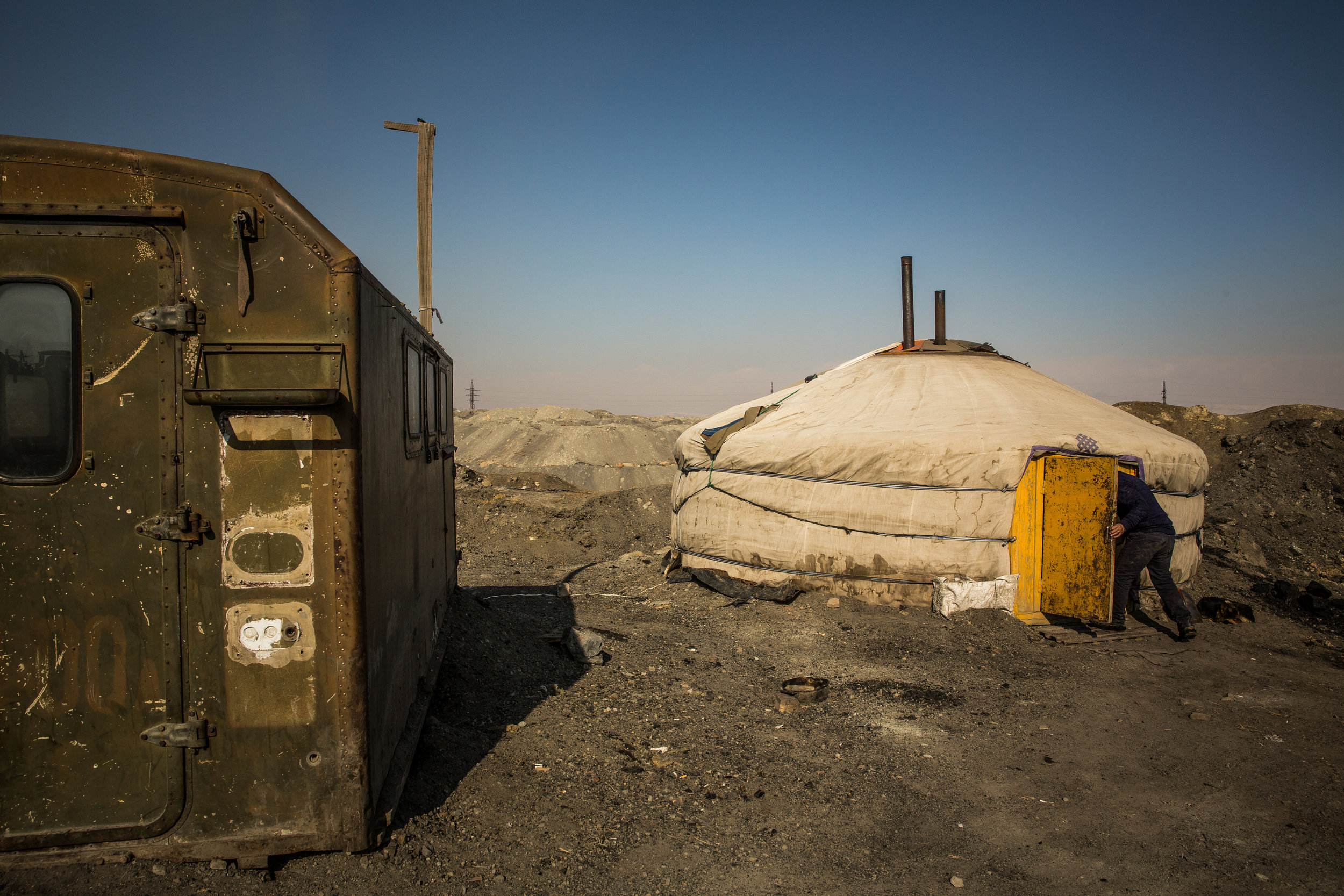 2/22/2018 Ulaanbaatar, Mongolia  A miner ducked into a warm Ger at the Nalaikh coal mines which are 40km from Ulaanbaatar, but technically fall within the city's municipality. 75% of Ulaanbaatar's residents soaring winter demand for coal is sourced 