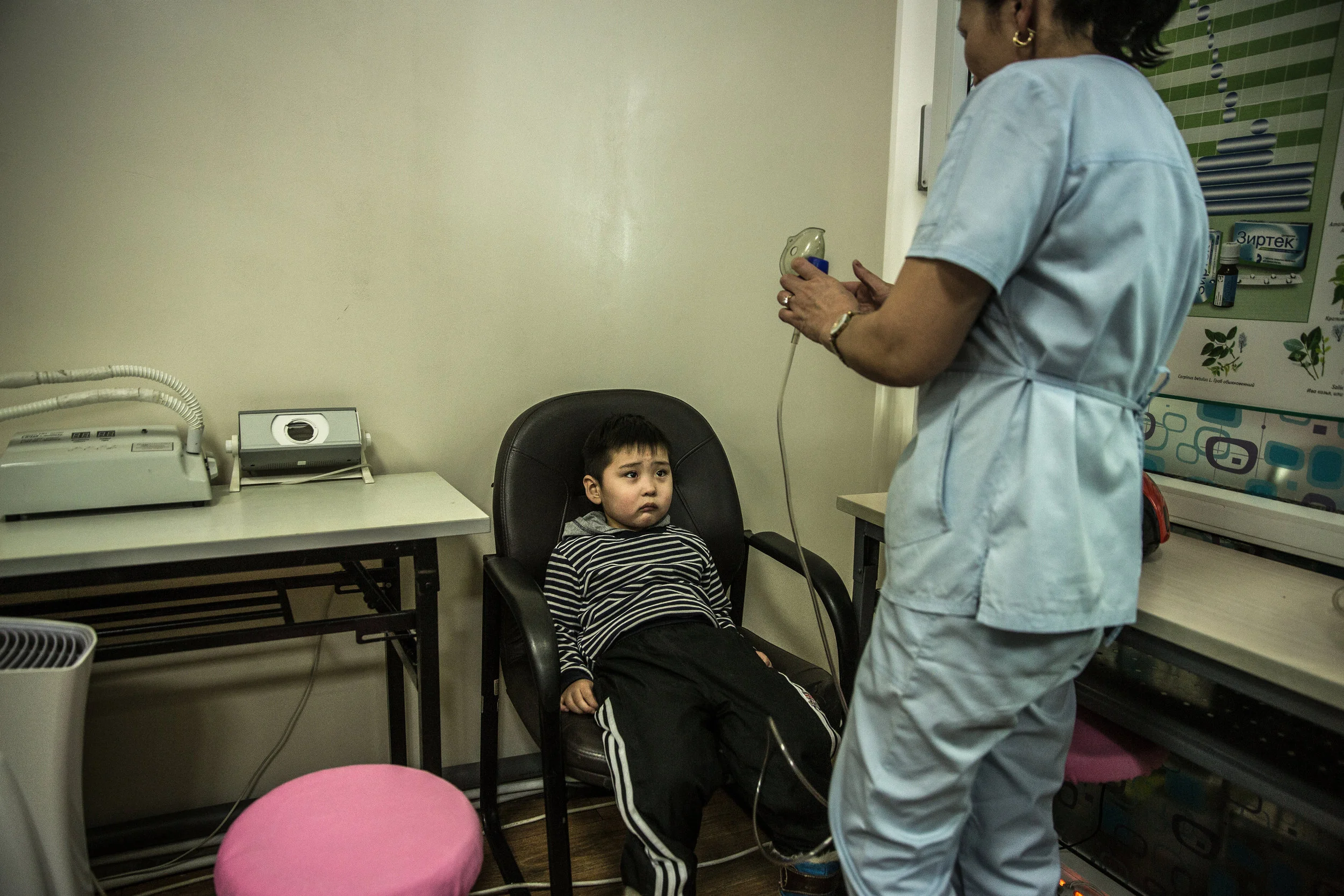 2/21/2018 Ulaanbaatar, Mongolia  Temuulen Ganzorig, 5, prepared to breath in medication through a nebulizer as part of his treatment for the flu, at the ‘Batchingun’ allergy and immunology childrens hospital Pediatric centers in Ulaanbaatar. "Some p