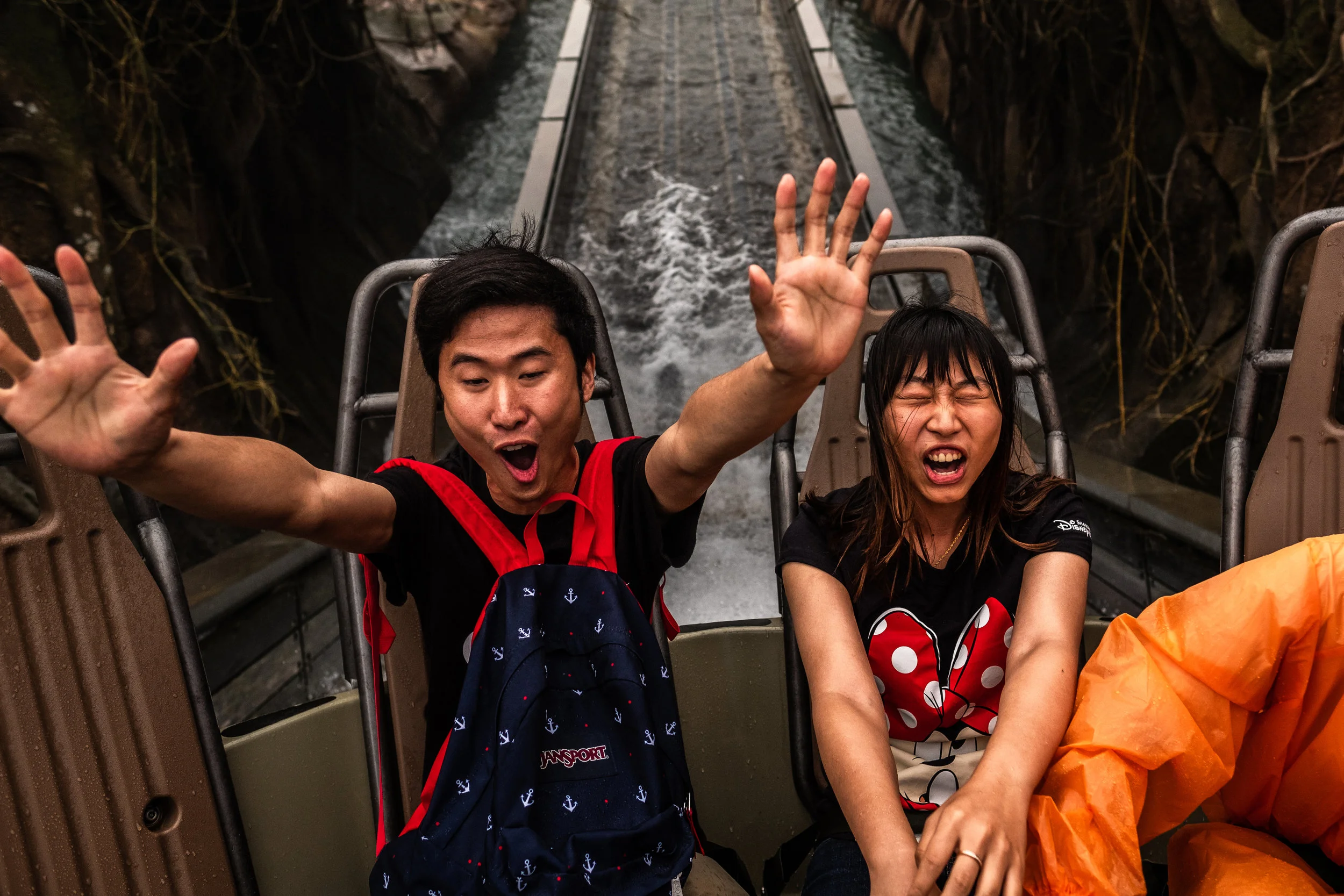  5/13/2018 Shanghai, China  A young Chinese couple reacted as they splashed down into on the finale of the Roaring Rapids at Shanghai Disneyland, a popular destination for China's growing middle class. As China's global stature has risen, Hollywood, 