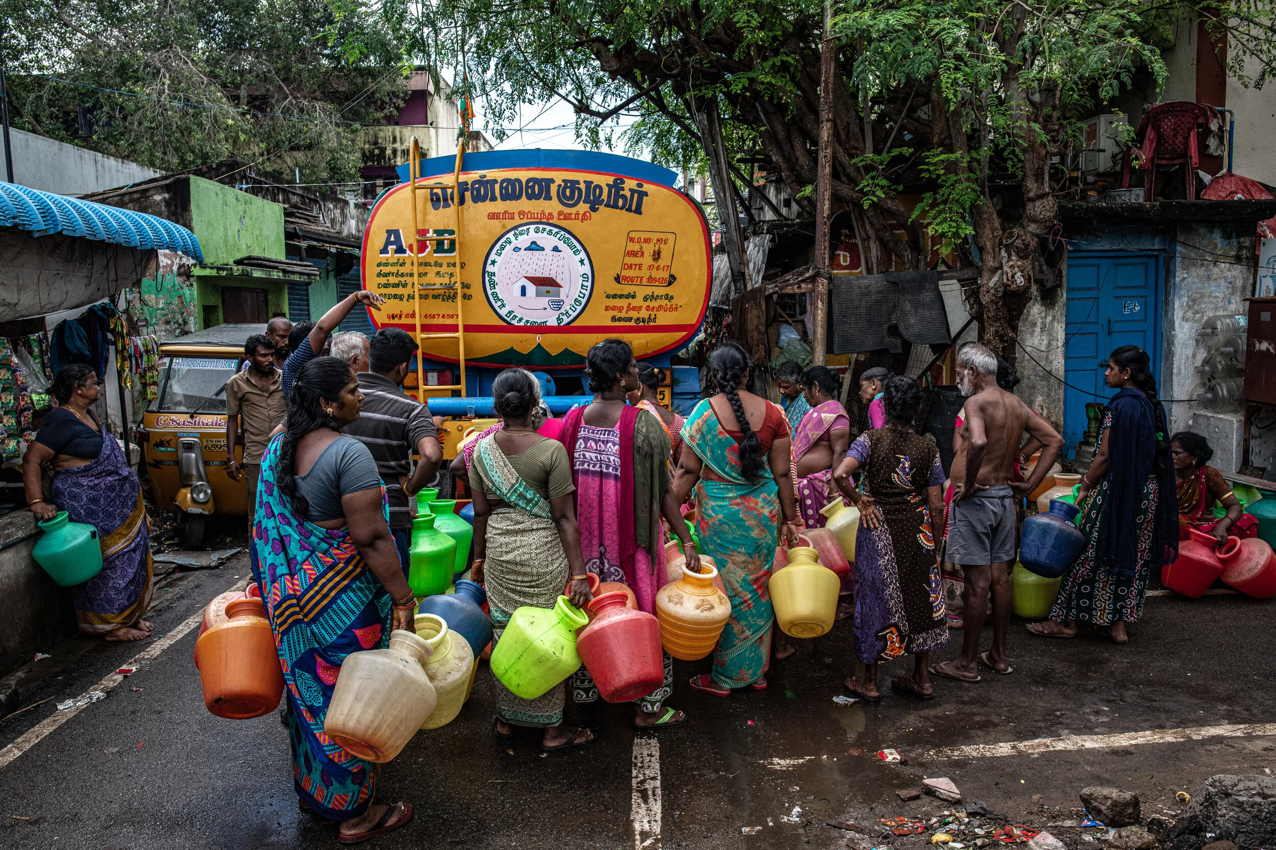  10/31/2019 Chennai, India  Residents lined up to collect drinking water from a tanker truck during a distribution in the Mylapore neighborhood of north Chennai in late October. Earlier this year, Chennai was in the news around the world as reservoir