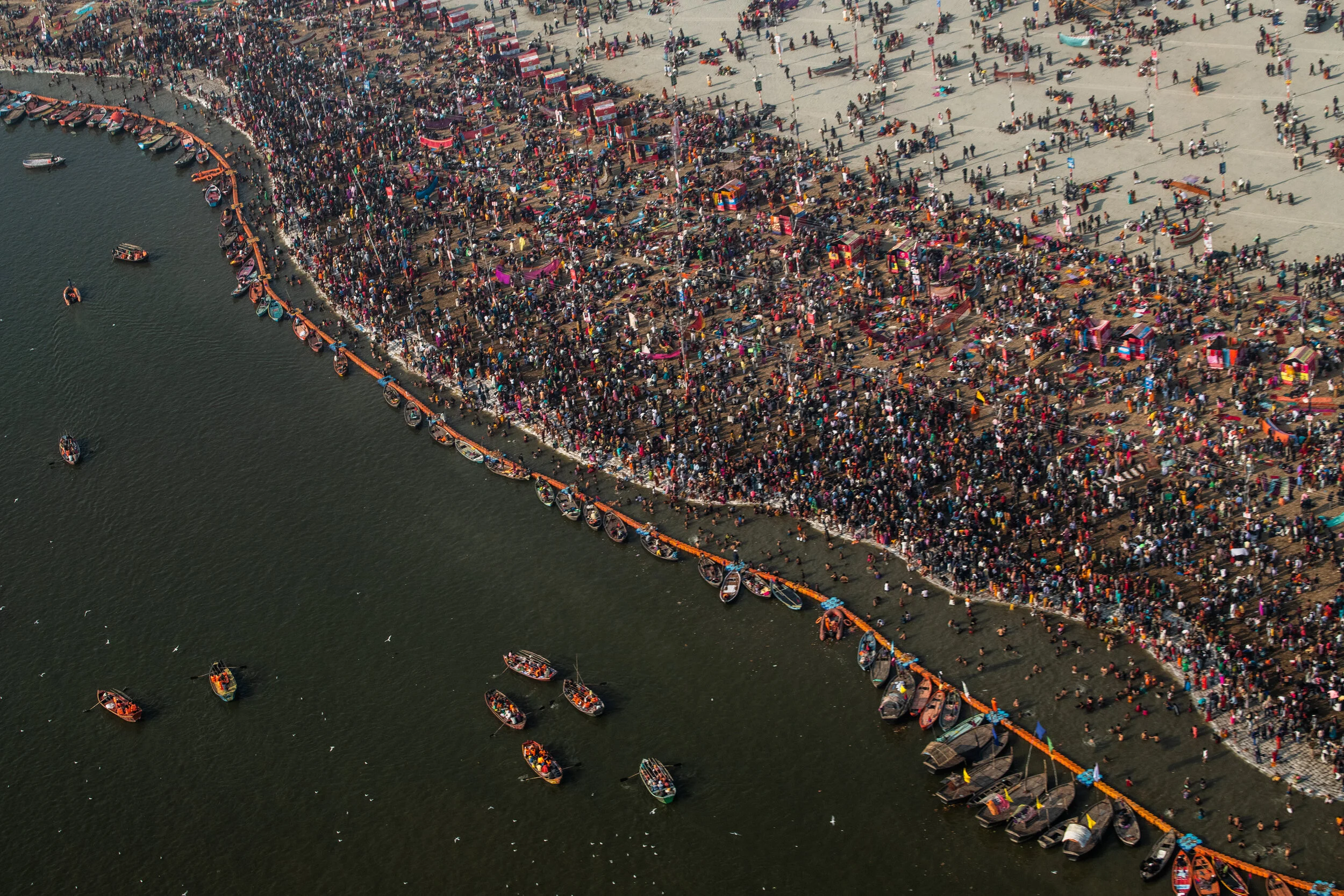  2/3/2019 Prayagraj, Uttar Pradesh, India  An Aerial view of the Sangam bathing site, at the confluence of the Ganges and Yamuna rivers, in Prayagraj, India, as seen from a helicopter.   